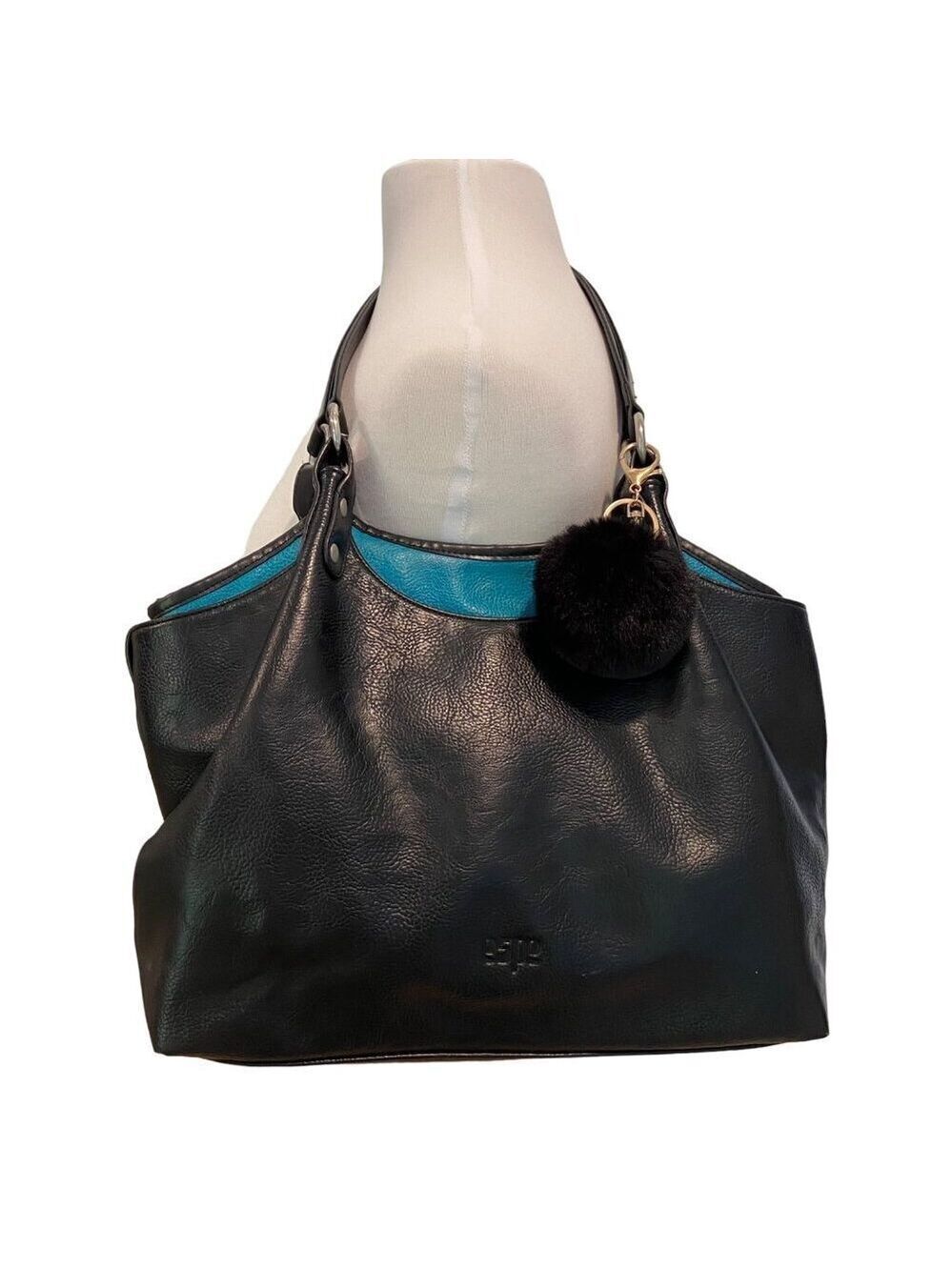Espe Black Vegan Leather Purse Tote Bag pouch With Pom-Pom Floral Interior boho